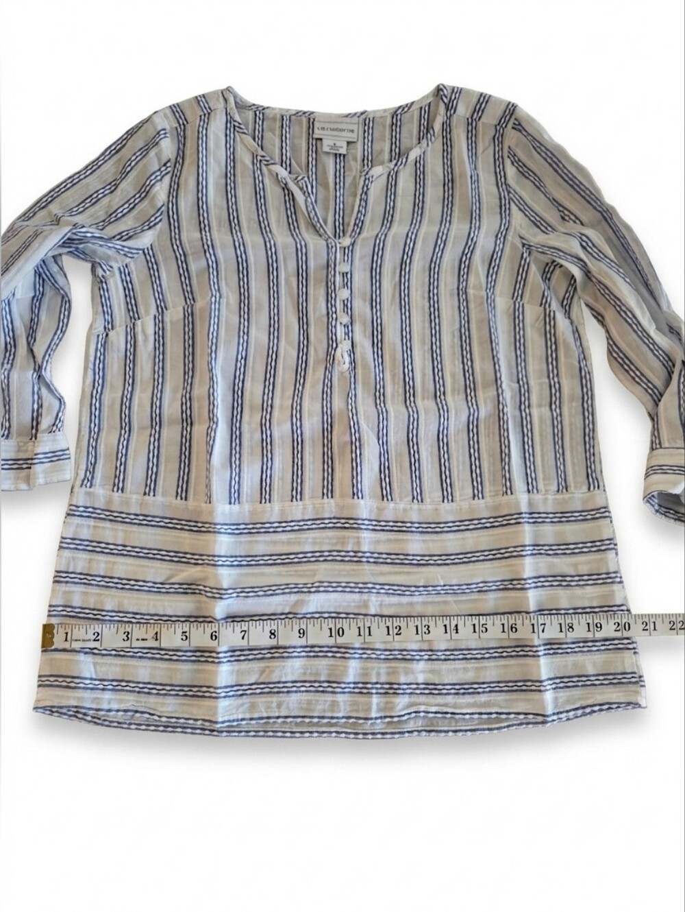 Liz Claiborne 100% Cotton V Neck Blue White 3/4 Sleeve Blouse Size Small